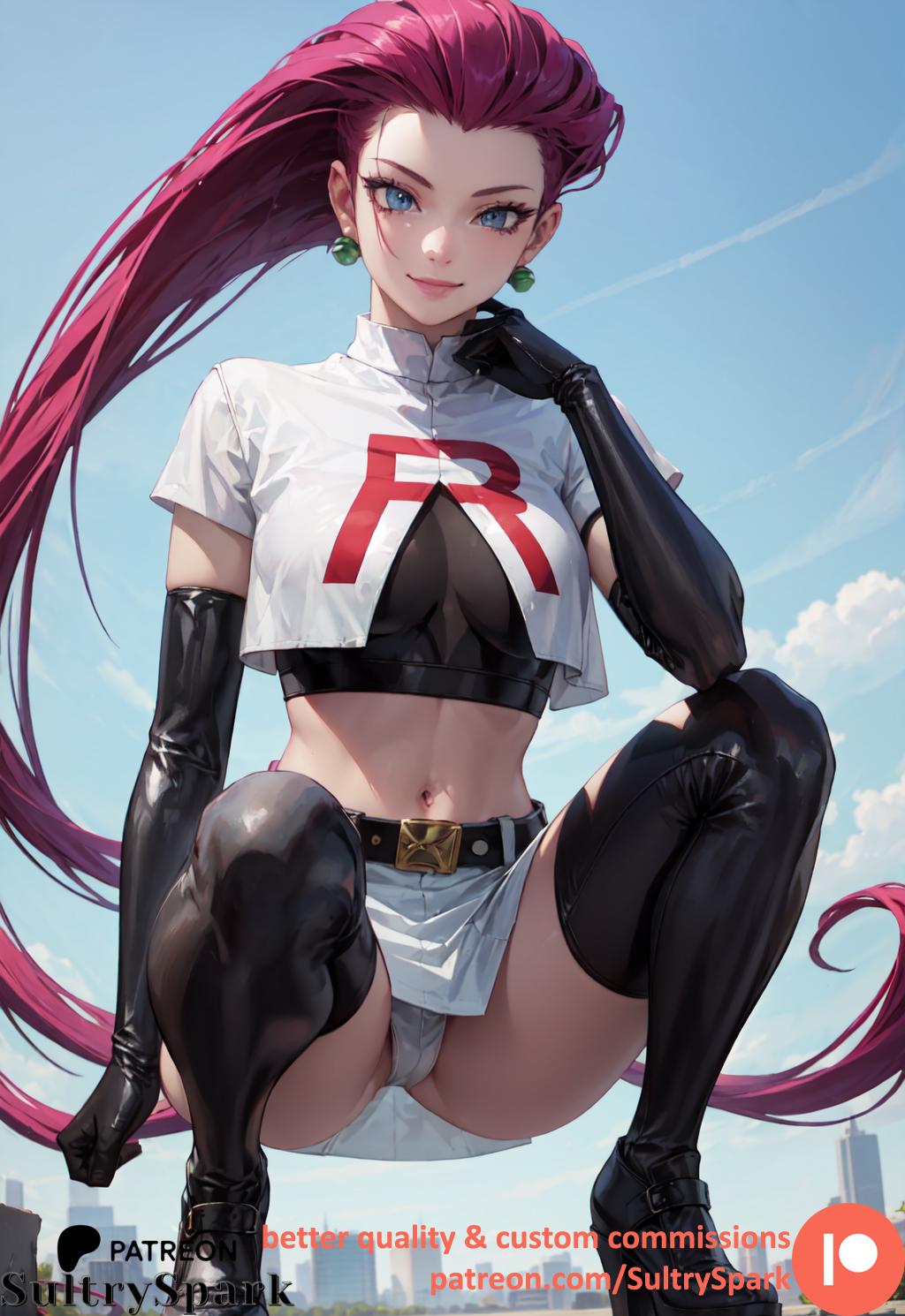 ai generated, blue eyes, breasts, commission, female, high heels, jessie (pokemon), looking at viewer, looking down, magenta hair, outdoors, panties, patreon, patreon username, pokemon, purple hair, sitting, squatting, sultryspark, team rocket, thighhighs
