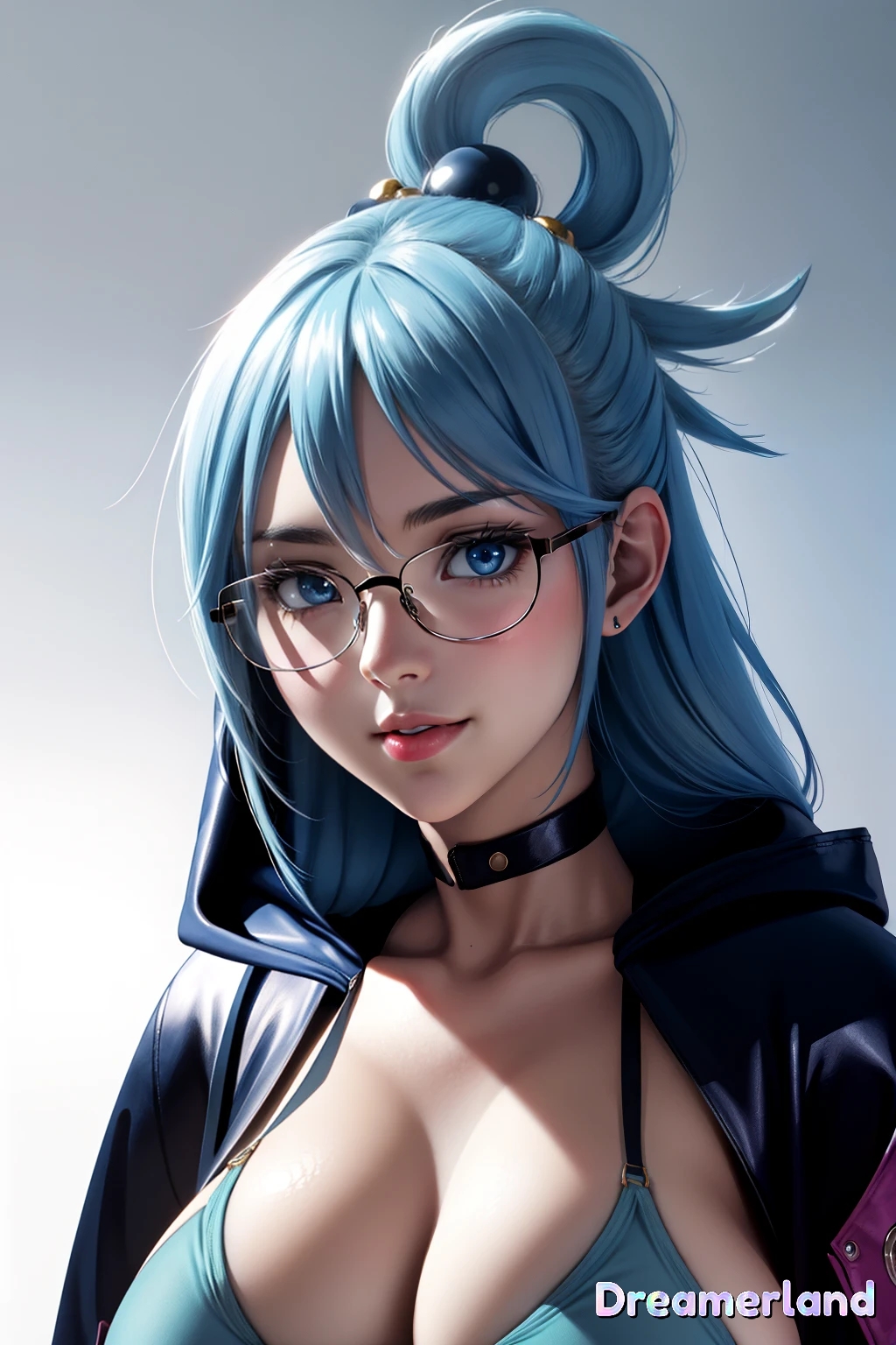 ai_generated anime anime_style aqua_(konosuba) aqua_eyes aqua_hair baby_blue_clothing baby_blue_hair big_breasts bra breasts choker choker_only eyes_open female female_only folded_ponytail glasses glasses_on_face hair_between_eyes hair_ring hd hd_(traditional) high_resolution highres hood hood_down huge_breasts jacket jacket_open kono_subarashii_sekai_ni_shukufuku_wo! large_breasts lipstick long_hair looking_at_another looking_at_partner looking_at_viewer model portrait realistic shiny shiny_breasts shiny_clothes shiny_skin simple_background sky4maleja smile solo upper_body