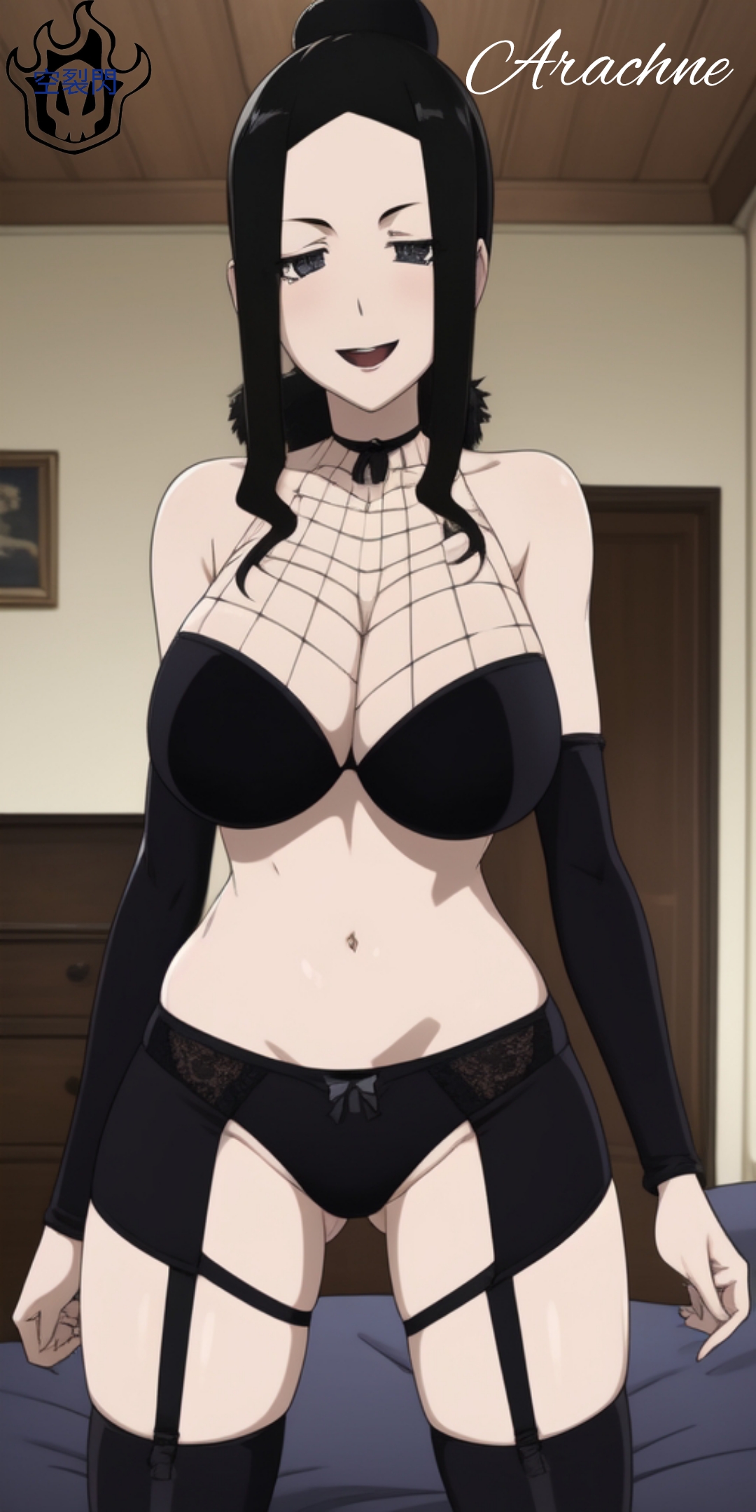 1girls, 2024, ai generated, arachne gorgon, ass visible through thighs, big breasts, black eyes, black garter belt, black hair, black lingerie, black stockings, breasts, character name, choker, detached sleeves, fair skin, fair-skinned female, female, female focus, female only, fishnet clothing, fishnet topwear, goth, goth girl, goth milf, huge breasts, indoors, inside, large breasts, light skin, light-skinned female, lingerie, lingerie only, looking at viewer, mature, mature female, milf, open mouth, pale skin, pale-skinned female, solo, solo female, solo focus, soul eater, thick thighs, thighs, unusual anatomy, unusual eyes, unusual pupils, villainess, white skin, white-skinned female
