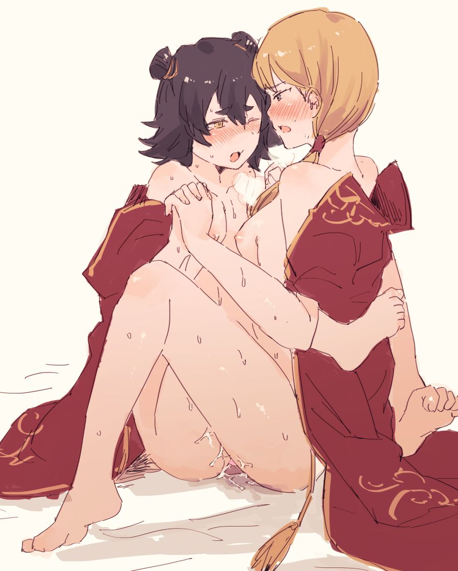 2girls artist_request black_hair blonde_hair blush cecil_(library_of_ruina) handholding library_of_ruina mei_(library_of_ruina) multiple_girls nude one_eye_closed partially_clothed project_moon unknown_artist white_background yellow_eyes yuri