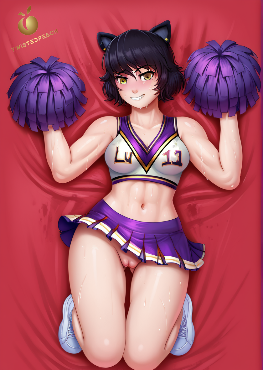 ai generated, blake belladonna, cheerleader, cheerleader uniform, faunus, female, no panties, rwby, sweat, tagme, twistedpeach