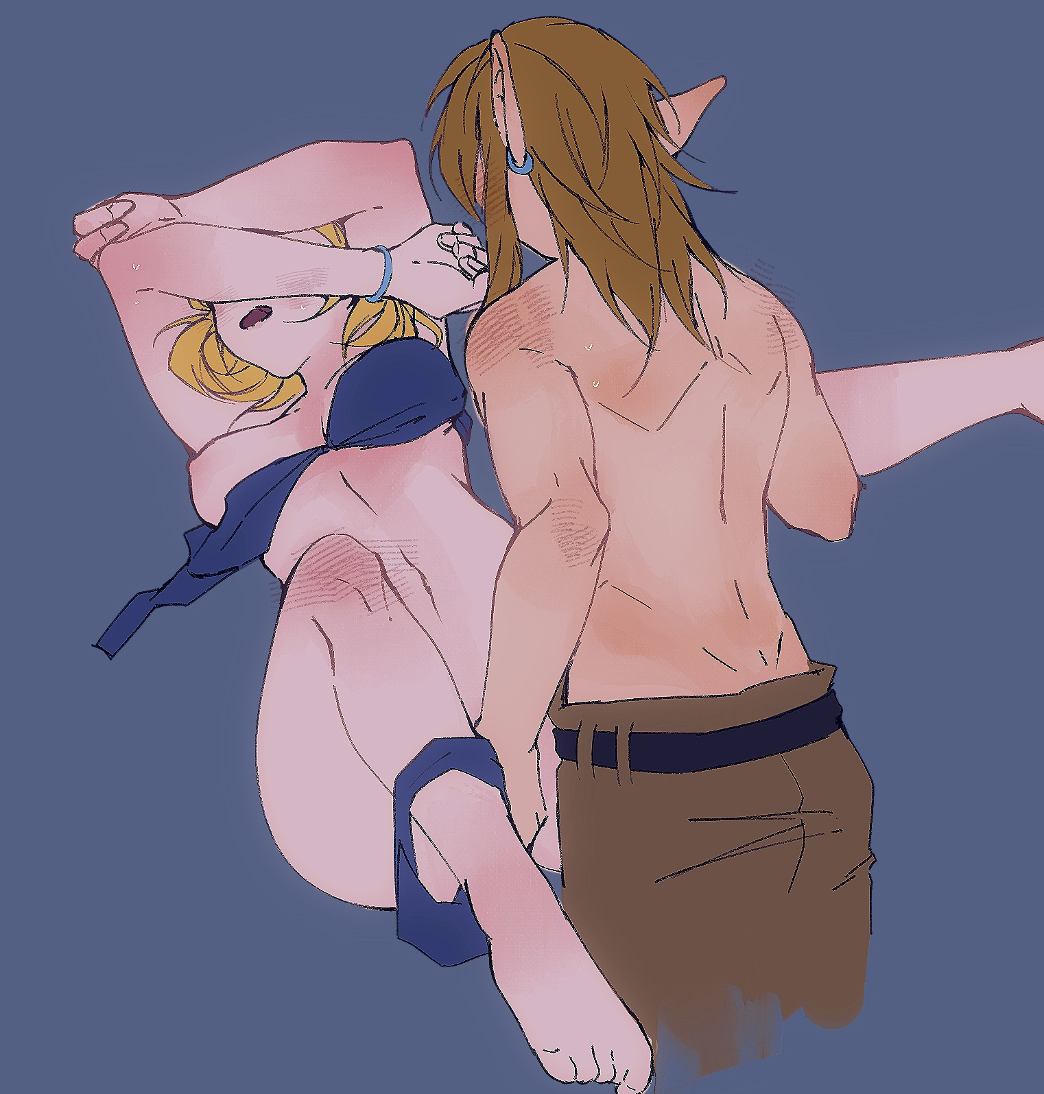 1boy, 1girls, blonde hair, blue background, blue bra, blue panties, blush, bra, bra removed, bracelet, breasts, breath of the wild, brown pants, clothing, color, earrings, elf ears, eyes covered, female, finger fuck, fingering, fingering partner, functionally nude, highres, legs up, link, link (breath of the wild), link (tears of the kingdom), long hair, male, merianaka, nipples, one breast out, panties, panties around leg, pointy ears, princess zelda, shirtless, short hair, sweat, tears of the kingdom, the legend of zelda, toned, toned male, underwear only, unseen female face, unseen male face, zelda (tears of the kingdom)