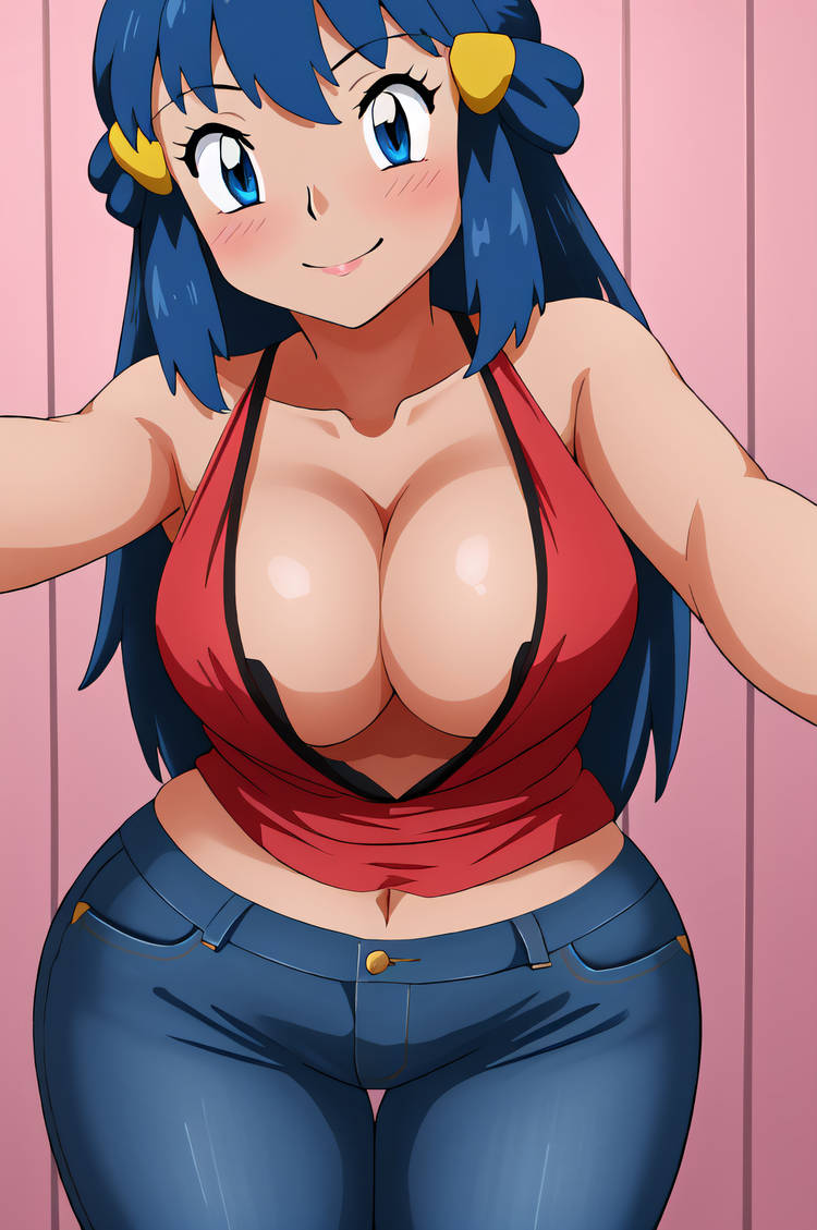 abstract_background ai_generated belly_button big_breasts blue_eyes blue_hair blue_jeans blush busty cleavage creatures_(company) curvy dawn_(pokemon) denim_jeans female female female_only front_view game_freak hair_ornament hi_res highres jeans navel nintendo pokemon pokemon_(game) pokemon_dppt pokemon_trainer seraphim_ai smile solo stable_diffusion tight_jeans