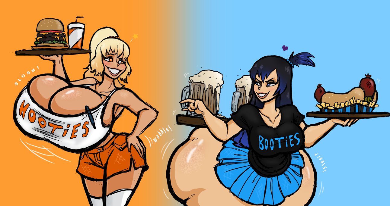 2girls ass_bigger_than_head ass_bigger_than_skirt ass_bigger_than_torso ass_vs_breasts breasts_bigger_than_head bursting_breasts bursting_butt enormous_ass enormous_breasts honvaral hooters hyper hyper_ass hyper_breasts multiple_girls tagme