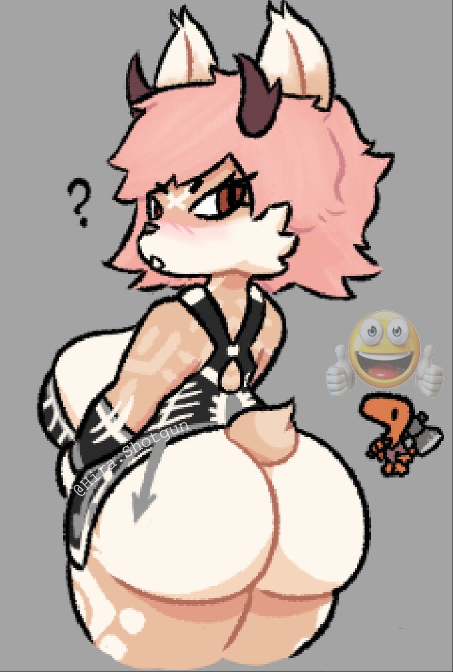 1girls, 2d, 2d (artwork), 2d artwork, anthro, anthro only, artist name, ass, ass focus, ass up, atlyss, barely clothed, barely fits, big ass, big breasts, blush, blushing at viewer, blushing female, breasts, brown eyes, clothes barely covering, curvaceous, curvy, curvy body, curvy female, curvy figure, female, female focus, female only, furry, furry ears, furry female, furry only, furry tail, hira.shotgun, horns, huge ass, huge breasts, huge butt, looking at viewer, looking back, original character, pink hair, poon (atlyss), simple background, tail, twitter username, unique style, voluptuous, voluptuous female