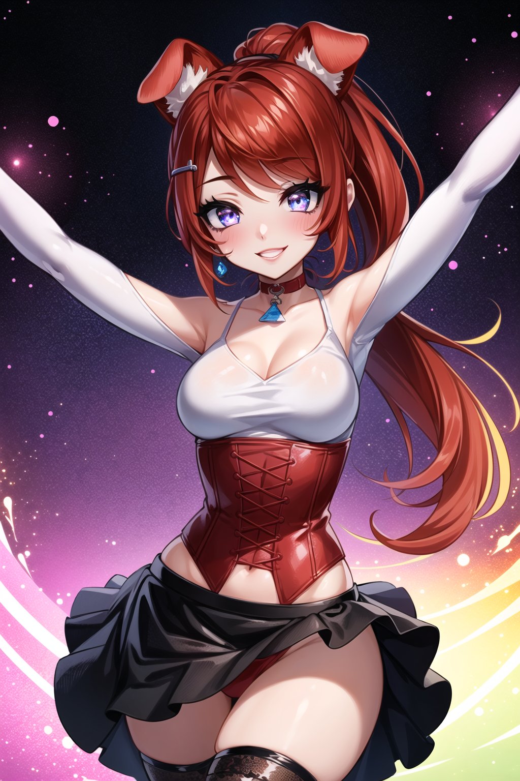 1girls ai_generated animal_ears armpits arms_up bangs bare_shoulders black_skirt blush breasts choker cleavage constellation corset galaxy hair_ornament hairclip jewelry light_particles long_hair looking_at_viewer medium_breasts megazard milky_way multicolored_background night night_sky paint_splatter panties ponytail purple_eyes red_choker red_hair red_panties skirt sky smile snowing solo space standing starry_background starry_sky starry_sky_print thighhighs underwear upskirt very_long_hair zena_vr