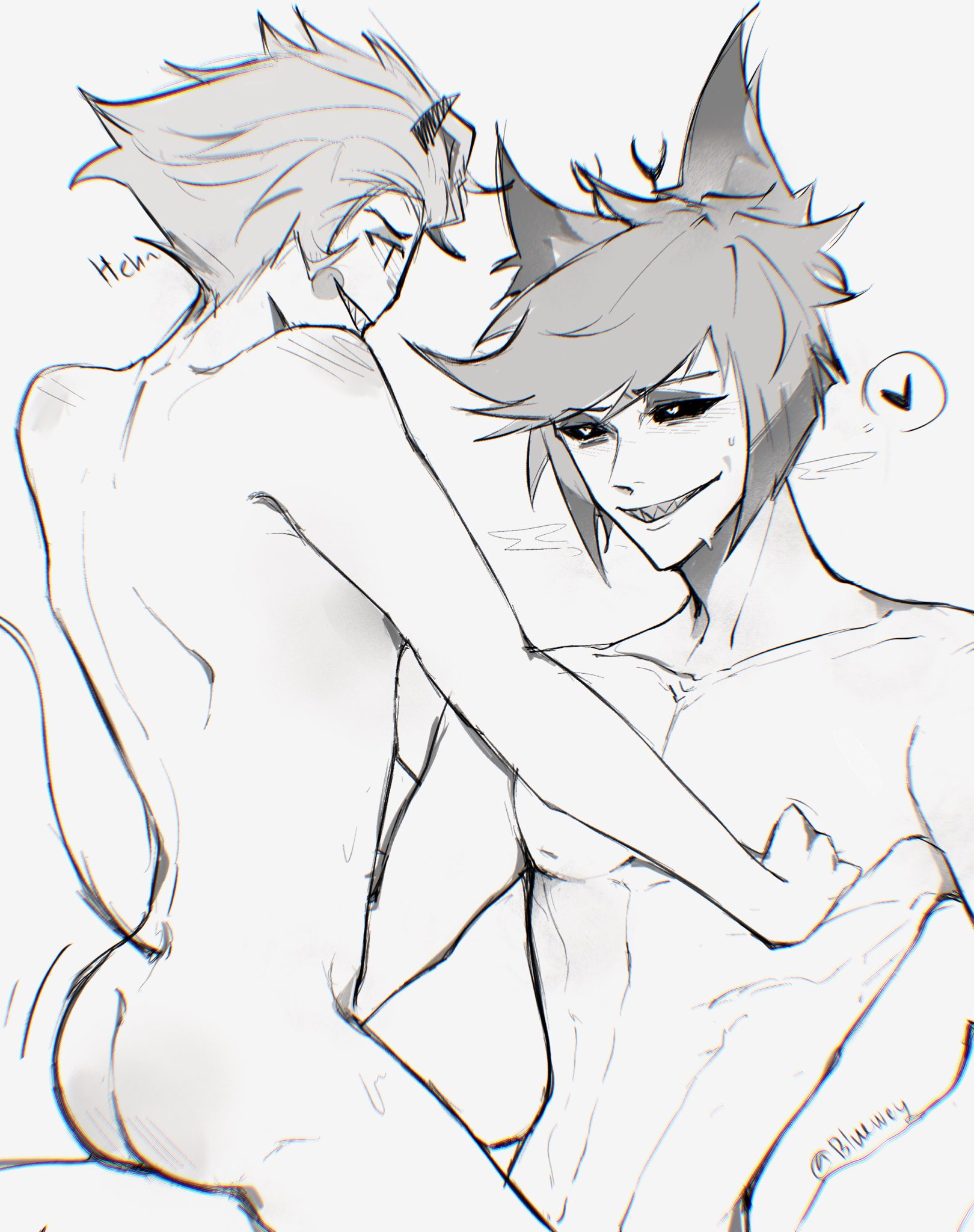 alastor (hazbin hotel), ass, blueweyw, completely nude, gay, hazbin hotel, lucifer morningstar (hazbin hotel), male, male only, nude, radioapple, straddling, tagme