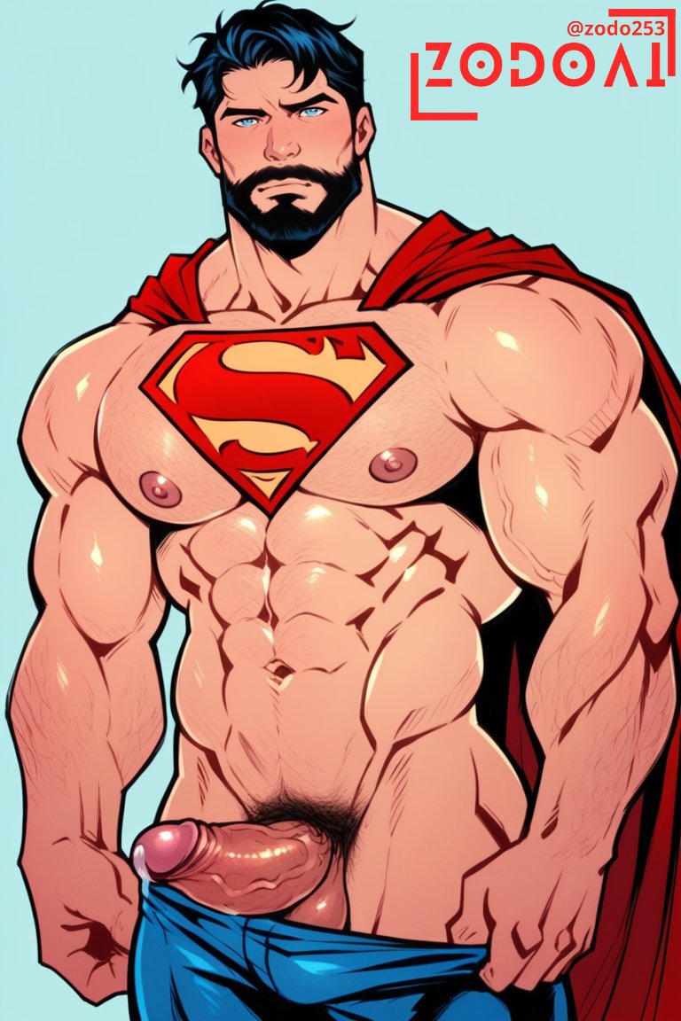 1boy, 2024, ai generated, balls, bara, beard, big balls, big penis, blush, clark kent, dc, dc comics, erection, kal-el, male, male nipples, male only, male pubic hair, muscular, muscular male, nipples, nude, penis, phausto (style), precum, precum drip, pubic hair, superhero, superman, superman (clark kent), superman (series), yaoi, zodoai