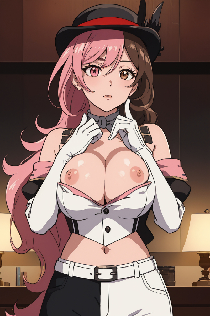 ai_generated aindroidparanoid belt brown_eye brown_hair hat heterochromia huge_breasts multicolored_eyes multicolored_hair neo_(rwby) nipples pink_eye pink_hair rwby shy stable_diffusion tits_out