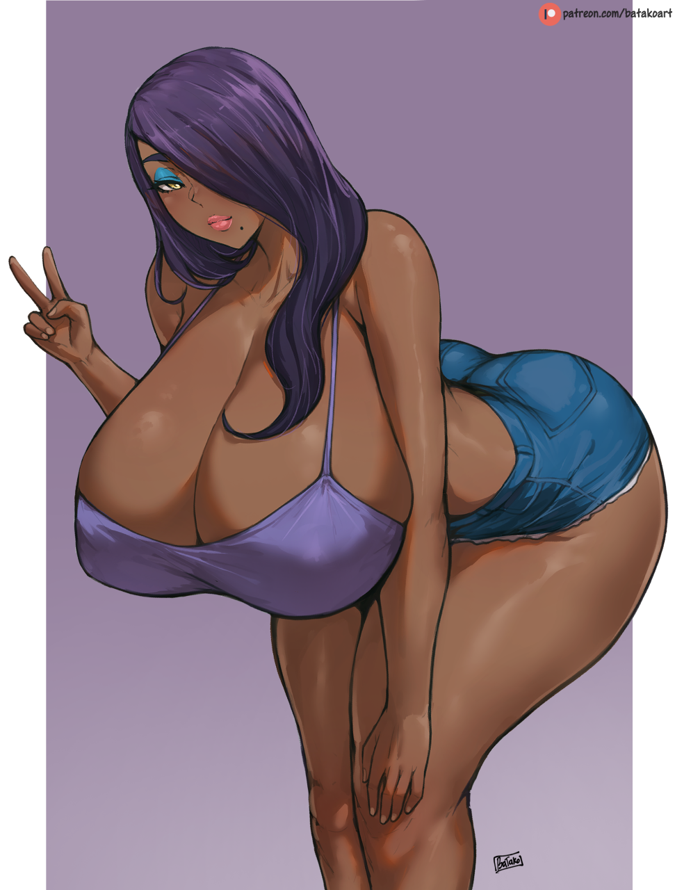 1girls batako bent_over big_breasts breasts busty cleavage curvaceous curvy curvy_body curvy_female curvy_figure dark-skinned_female dark_skin denim_shorts elf-san_wa_yaserarenai eure female gorgon hair_over_one_eye huge_breasts humanoid large_breasts lips long_hair mole mole_under_mouth peace_sign purple_hair shorts solo thick_thighs thighs v voluptuous wide_hips