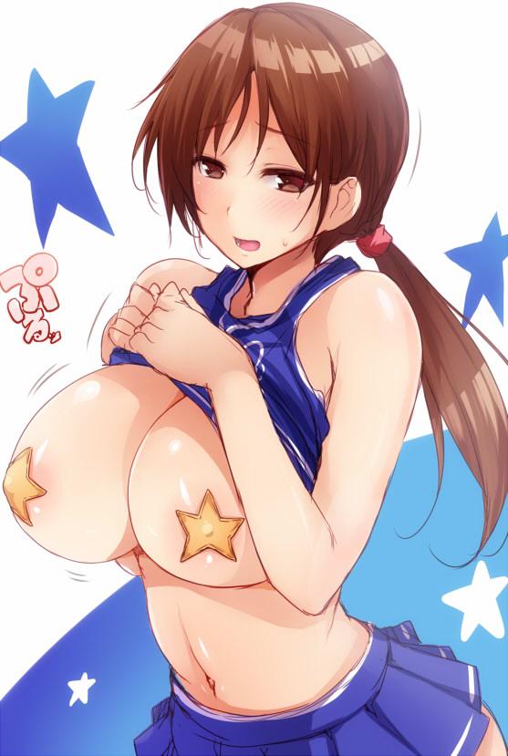 bare shoulders, blush, bouncing breasts, breasts, brown eyes, brown hair, cheerleader, female, female only, goban, human, large breasts, long hair, looking at viewer, navel, pasties, ponytail, scrunchie, shirt lift, sleeveless, smile, solo, star, star pasties, starry background, sweat, tied hair
