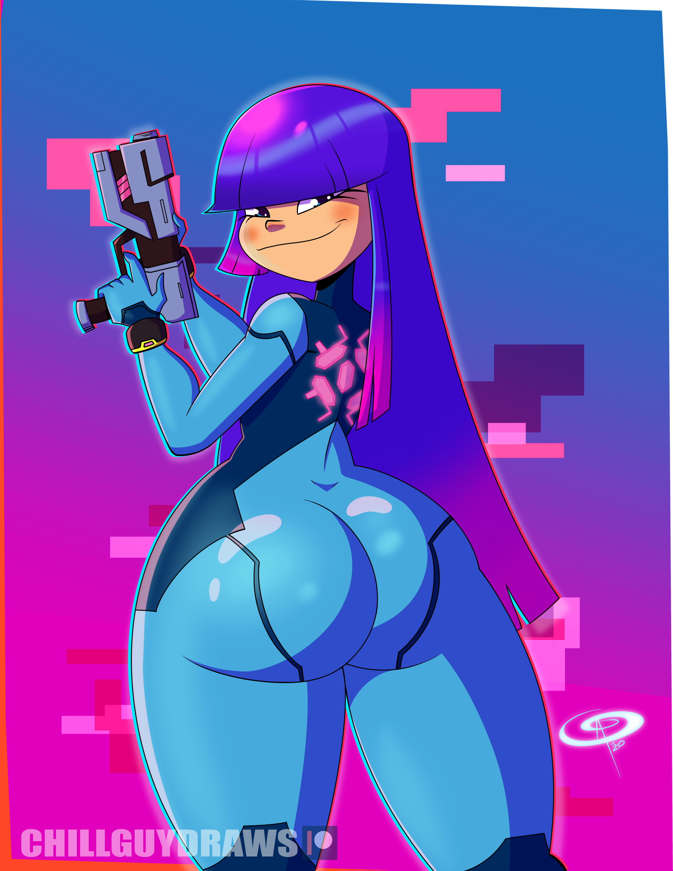 1girls, 2020, asian, asian female, ass, back, back view, big ass, black eyes, blue bodysuit, blush, bodysuit, bubble ass, bubble butt, cosplay, crossover cosplay, female, female only, frostbiteboi, glitch techs, gun, hips, holding weapon, huge ass, hyper thighs, long hair, massive thighs, metroid, miko kubota, paag, purple hair, samus aran (cosplay), smile, solo, solo female, straight hair, thighs, thunder thighs, tight clothing, weapon, wide hips