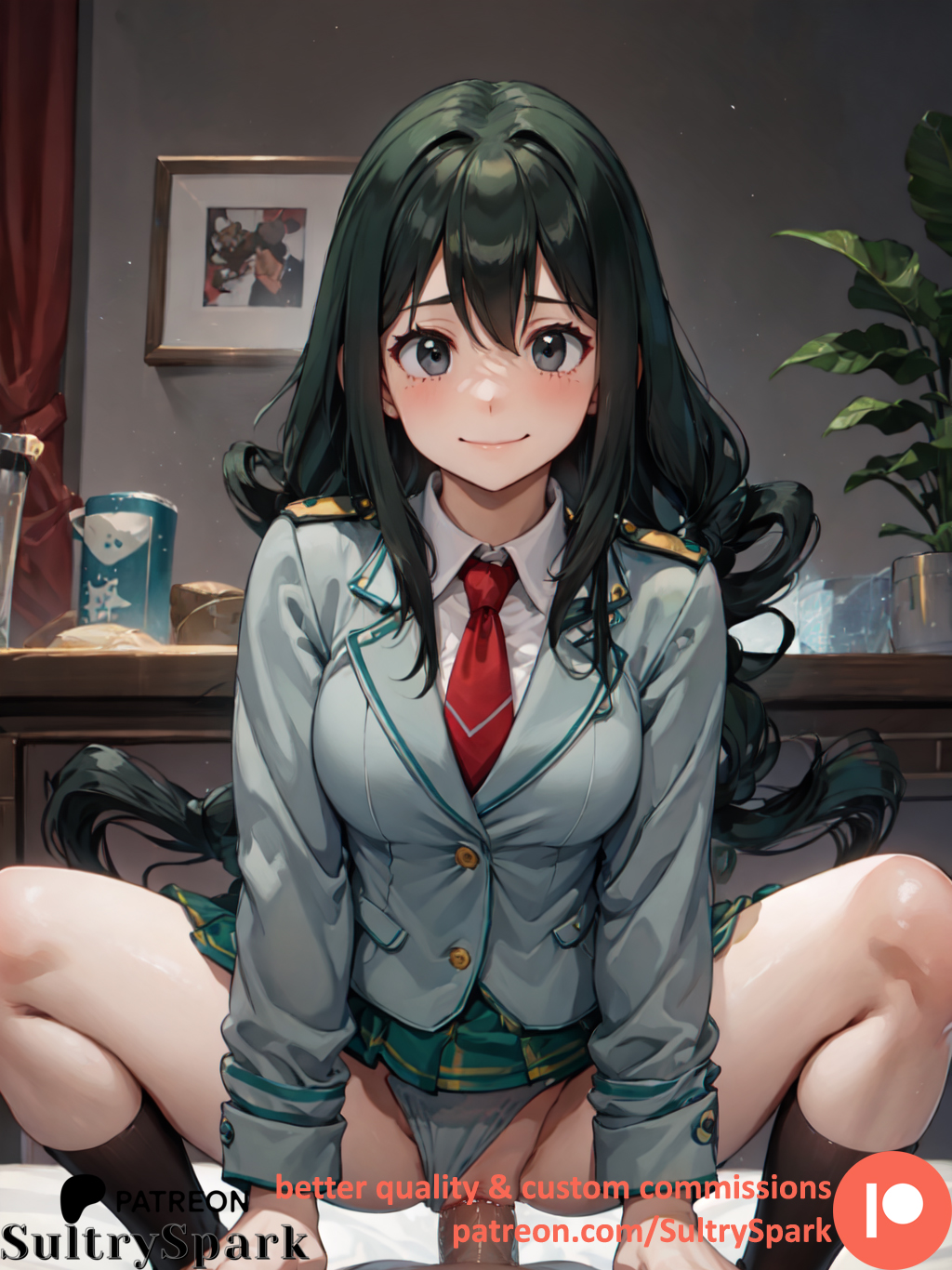 1boy, 1girls, ai generated, bangs, boku no hero academia, breasts, commission, cowgirl position, female, green hair, long hair, male, my hero academia, panties, panties aside, patreon, patreon username, penis, pussy, riding, riding penis, school uniform, schoolgirl, skirt, socks, spread legs, spreading, sultryspark, tsuyu asui, u.a. school uniform, vaginal penetration