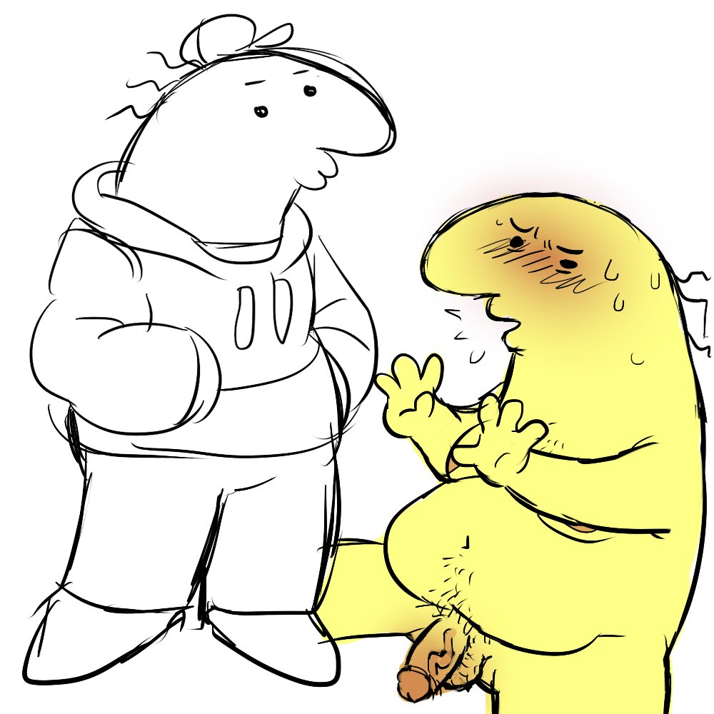 1boy, 2d, adult swim, ambiguous species, anthro, belly, big belly, blush, blush lines, blushing, body hair, charlie (smiling friends), chest hair, clothed, dad bod, digital media, embarrassed, faggotrat, fat, fat male, flustered, full body, furrowed brow, furrowed eyebrows, hairy balls, half-erect, hands in pockets, happy trail, hat, hoodie, male, male only, moobs, overweight, overweight male, penis, pubes, pubic hair, sketch, smiling friends, solo, sweat, sweating, white background, yellow body, yellow skin