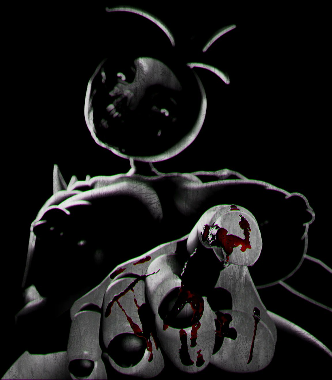 1girls 3d 3d_(artwork) black_and_white black_sclera blood blood_on_hand blood_stain breasts creepy dark five_nights_at_freddy's five_nights_at_freddy's_2 horror huge_breasts looking_at_viewer monochrome nightmare_fuel nightmare_waifu nipples pointing_at_viewer rckke tagme toy_chica_(fnaf)