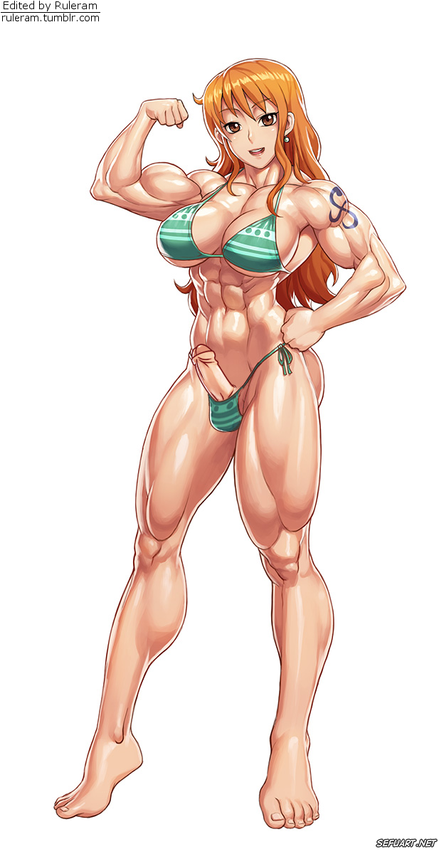 1futa balls big_breasts bikini breasts clothed clothing edit erection flexing futa_only futanari human light-skinned_futanari light_skin long_hair mostly_nude muscular muscular_futanari nami nami_(one_piece) one_piece partially_retracted_foreskin penis post-timeskip ruleram sefuart shiny_skin solo source_request standing toned uncut