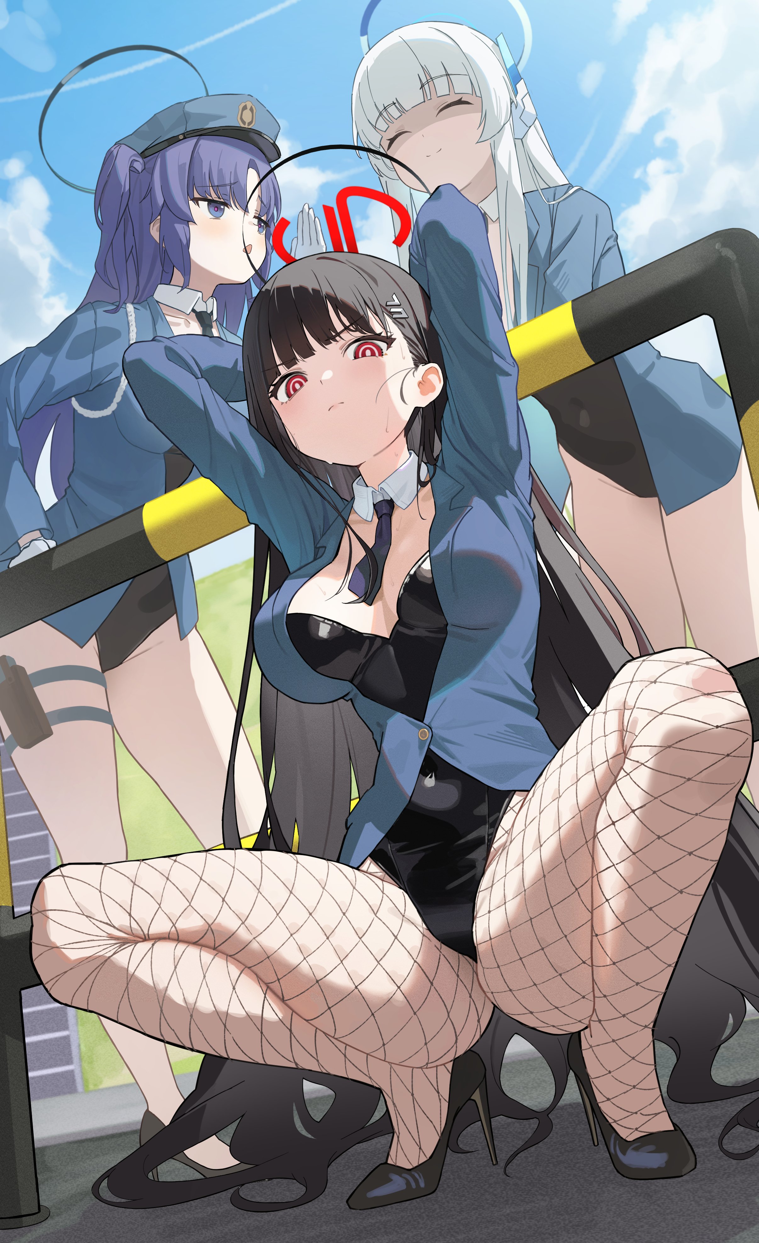 :<, 3girls, annoyed, arms behind head, big breasts, blue archive, blush, breasts, bunnysuit, closed eyes, closed mouth, female, fishnets, heels, high heels, ildy0, jacket, leotard, looking down, low-angle view, millennium science school student, multiple females, multiple girls, noa (blue archive), open mouth, rio (blue archive), seminar (blue archive), smile, squatting, staring, sweatdrop, thick thighs, unamused, wide hips, yuuka (blue archive)