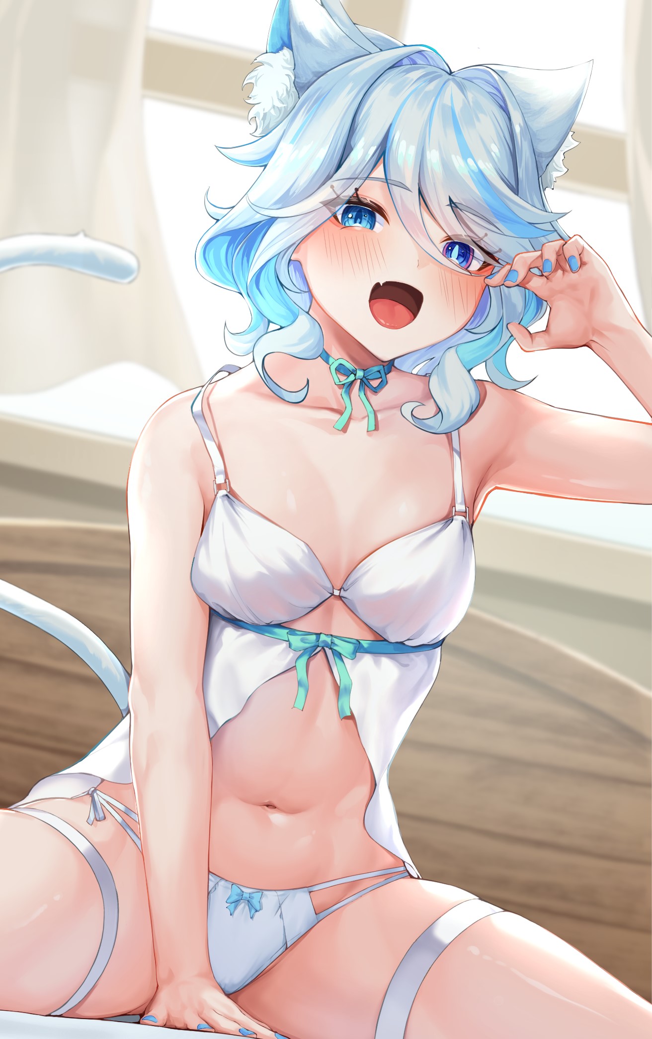 1girls, anthro, belly, belly button, blue eyes, blush, breasts, cat ears, cat girl, cat tail, catgirl, female, female only, furina (genshin impact), genshin impact, hi res, lingerie, looking at viewer, navel, nightgown, open mouth, panties, petite, small breasts, spread legs, thigh strap, thighs, white paka