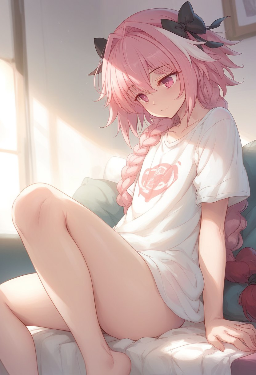 1boy, a1exwell, ai generated, astolfo (fate), cute male, fate (series), fate/grand order, femboy, male, not porn, stable diffusion, t-shirt, thighs