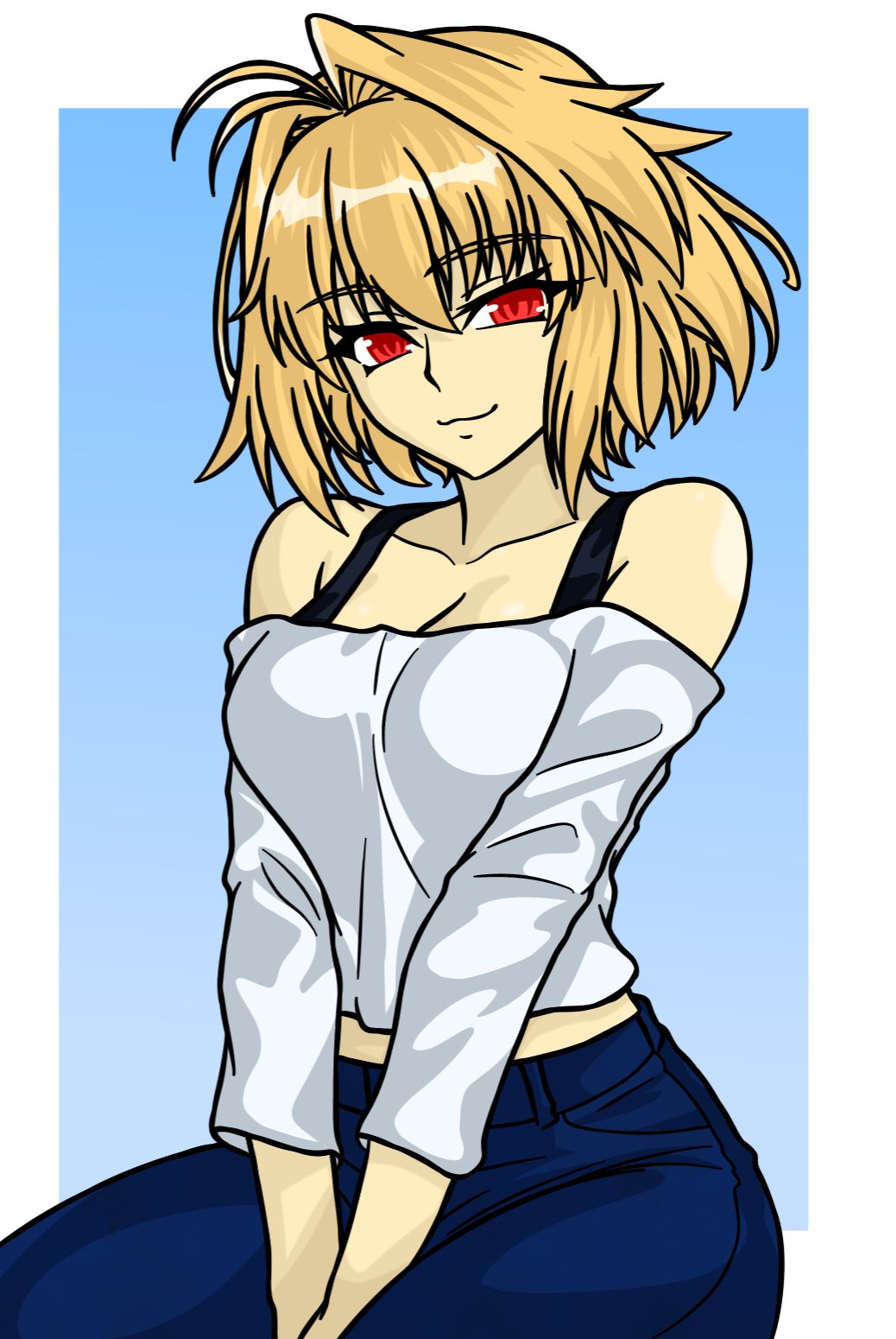 arcueid_brunestud big_breasts black_bra blonde_hair blue_jeans bra breasts curvy huge_boobs huge_breasts itakeabite jeans large_breasts looking_at_viewer melty_blood off-shoulder_shirt plump red_eyes smile thick_thighs tsukihime type-moon visible_bra wide_hips