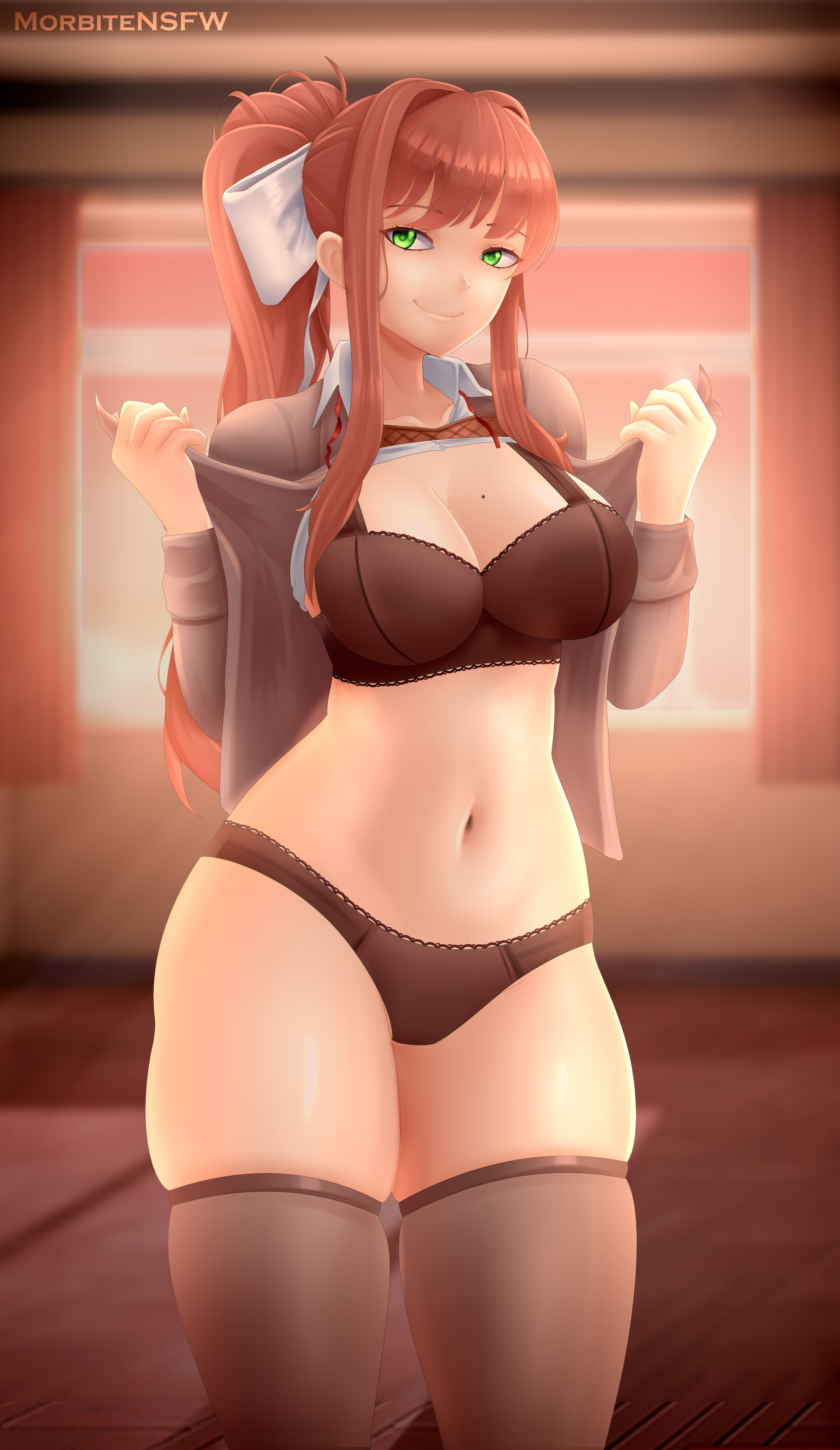 1girls, bra, doki doki literature club, female, female only, green eyes, lingerie, long hair, looking at viewer, monika (doki doki literature club), morbite, ribbon, solo, solo female, solo only, undressing, white ribbon