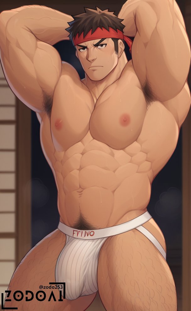 1boy, 2024, ai generated, arm behind head, armpit hair, armpits, bandana, bara, big bulge, bulge, capcom, huge bulge, jockstrap, looking at viewer, male, male nipples, male only, male pubic hair, muscular, muscular male, nipples, penis, penis outline, pubic hair, ryu (street fighter), street fighter, underwear, yaoi, zodoai