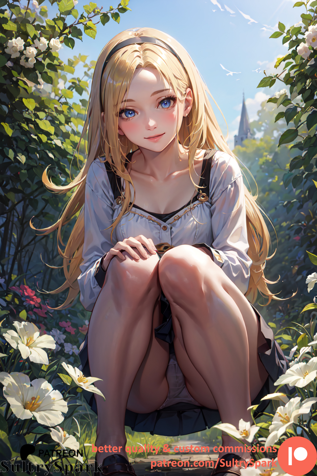 ai_generated black_skirt blonde_female blonde_hair blonde_hair_female blue_eyes blue_skirt clavicle commission demacia flower forest from_below garden hairband intentional_exposure league_of_legends long_hair looking_at_viewer luxanna_crownguard outdoors panties pantyshot patreon patreon_username riot_games shoes sitting skirt smile smiling smiling_at_viewer squatting sultryspark under_skirt upskirt white_panties white_shirt