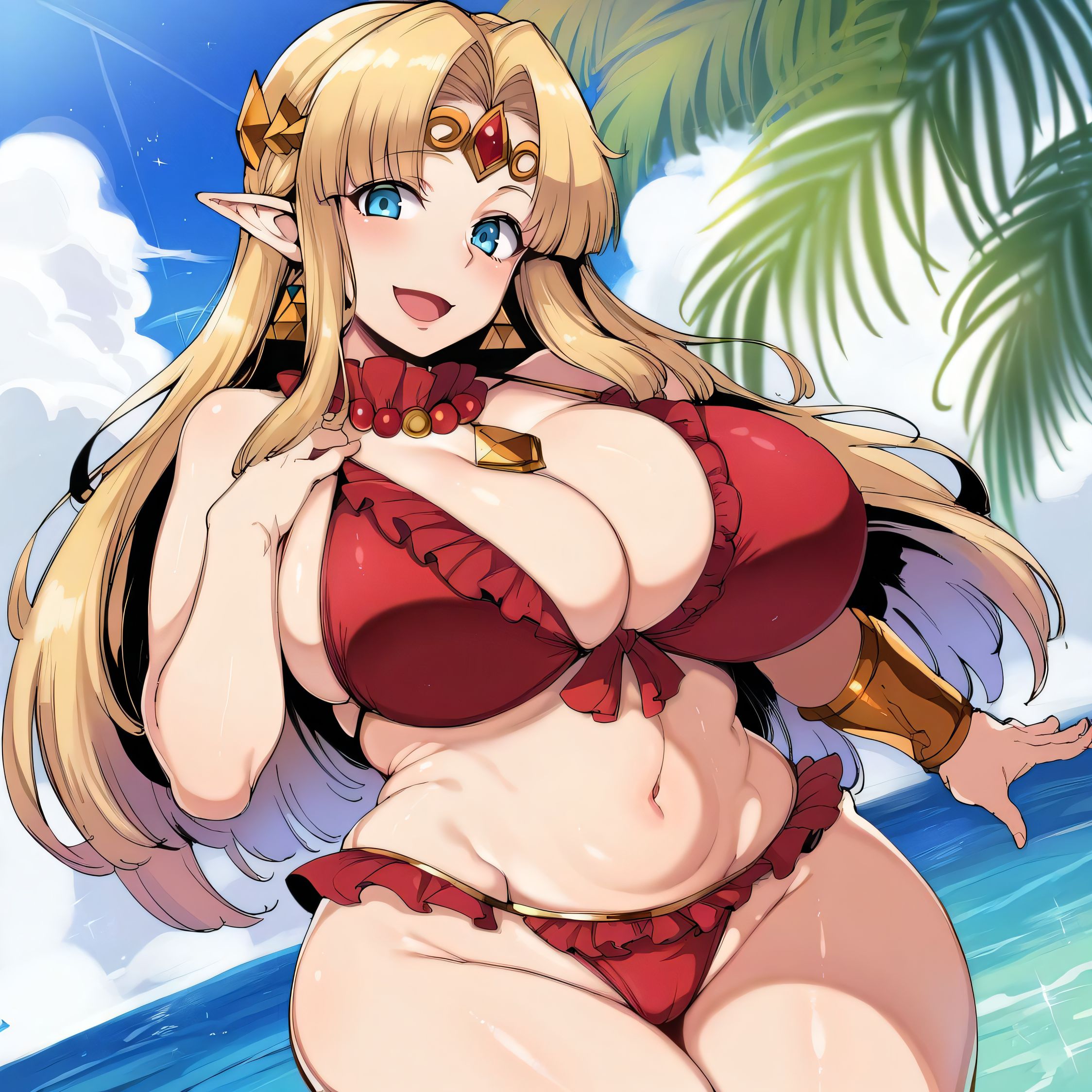 1girls, ai generated, alternate breast size, big breasts, bikini, breasts, busty, castle12, curvaceous, curvy, curvy body, curvy female, curvy figure, female, huge breasts, large breasts, nipples, princess zelda, sweat, sweating, sweaty, sweaty body, sweaty breasts, swimwear, the legend of zelda, thick thighs, thighs, venus body