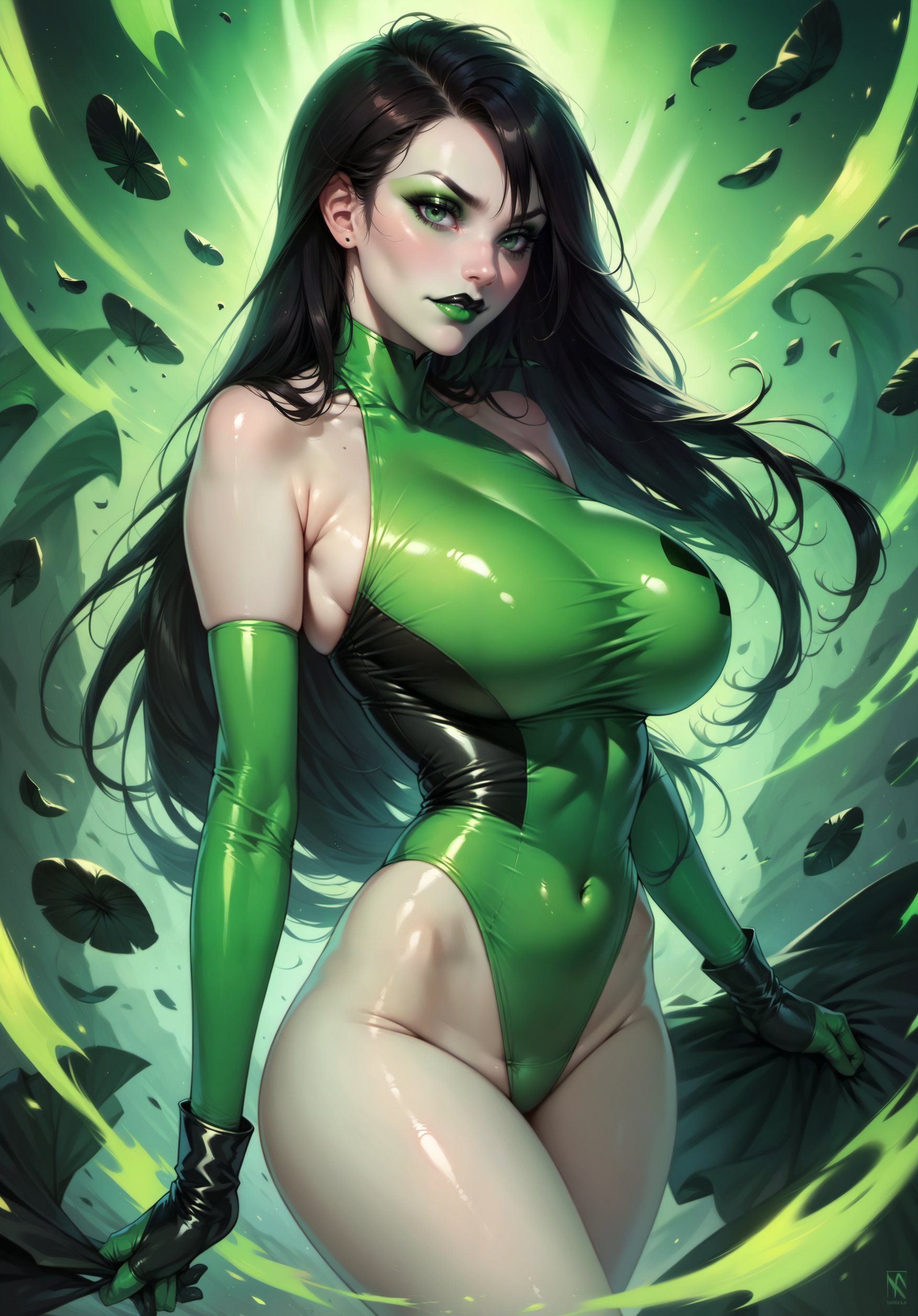 1girls, ai generated, big breasts, breasts, disney, disney channel, female, gloves, green body, green skin, kim possible, league69, leotard, long hair, looking at viewer, sagging breasts, shego
