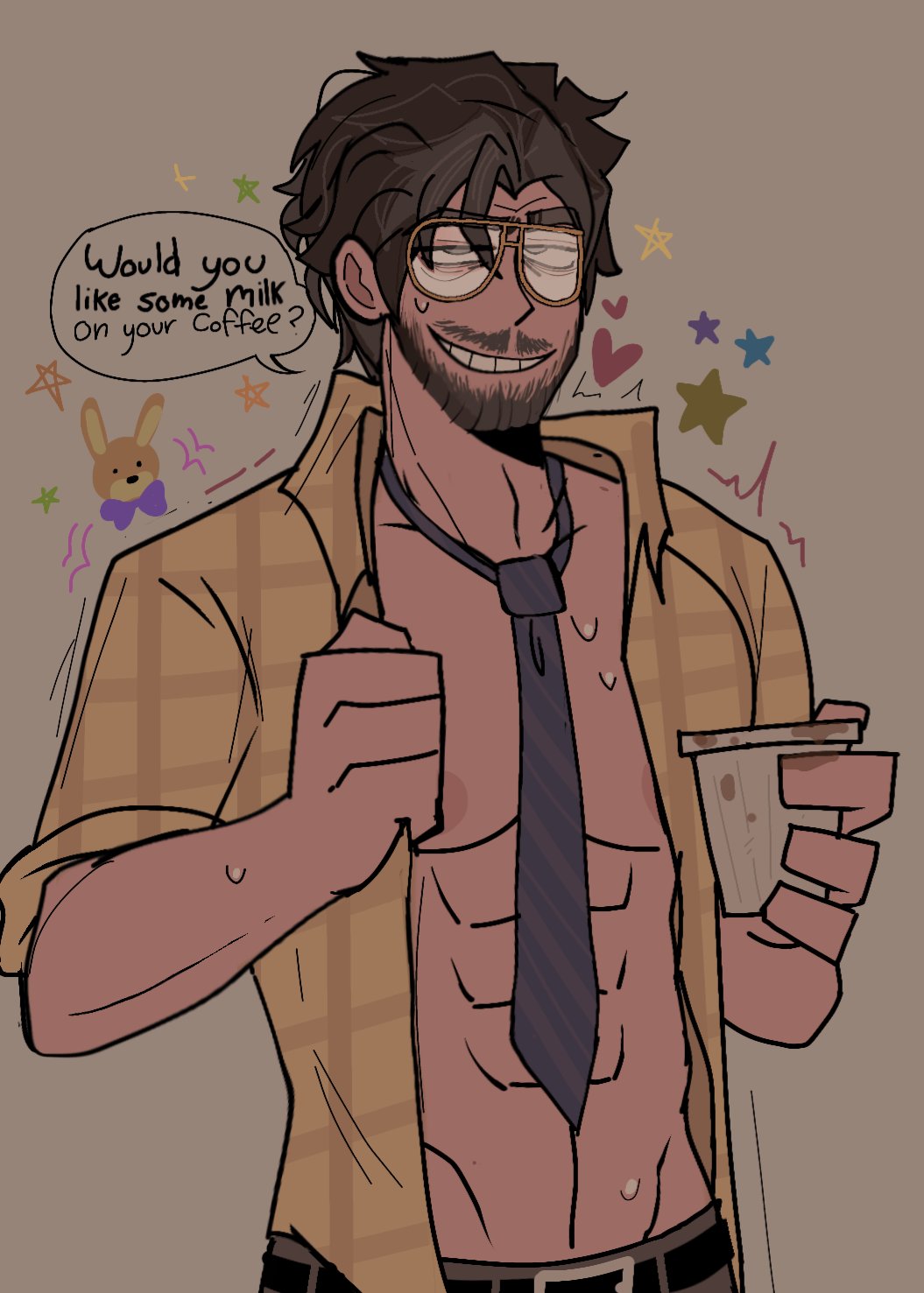 abs coffee five_nights_at_freddy's fnaf glasses grinning holding_coffee male_only mixanprixa nude shirt steve_raglan sweating text text_bubble tie unbuttoned_shirt william_afton