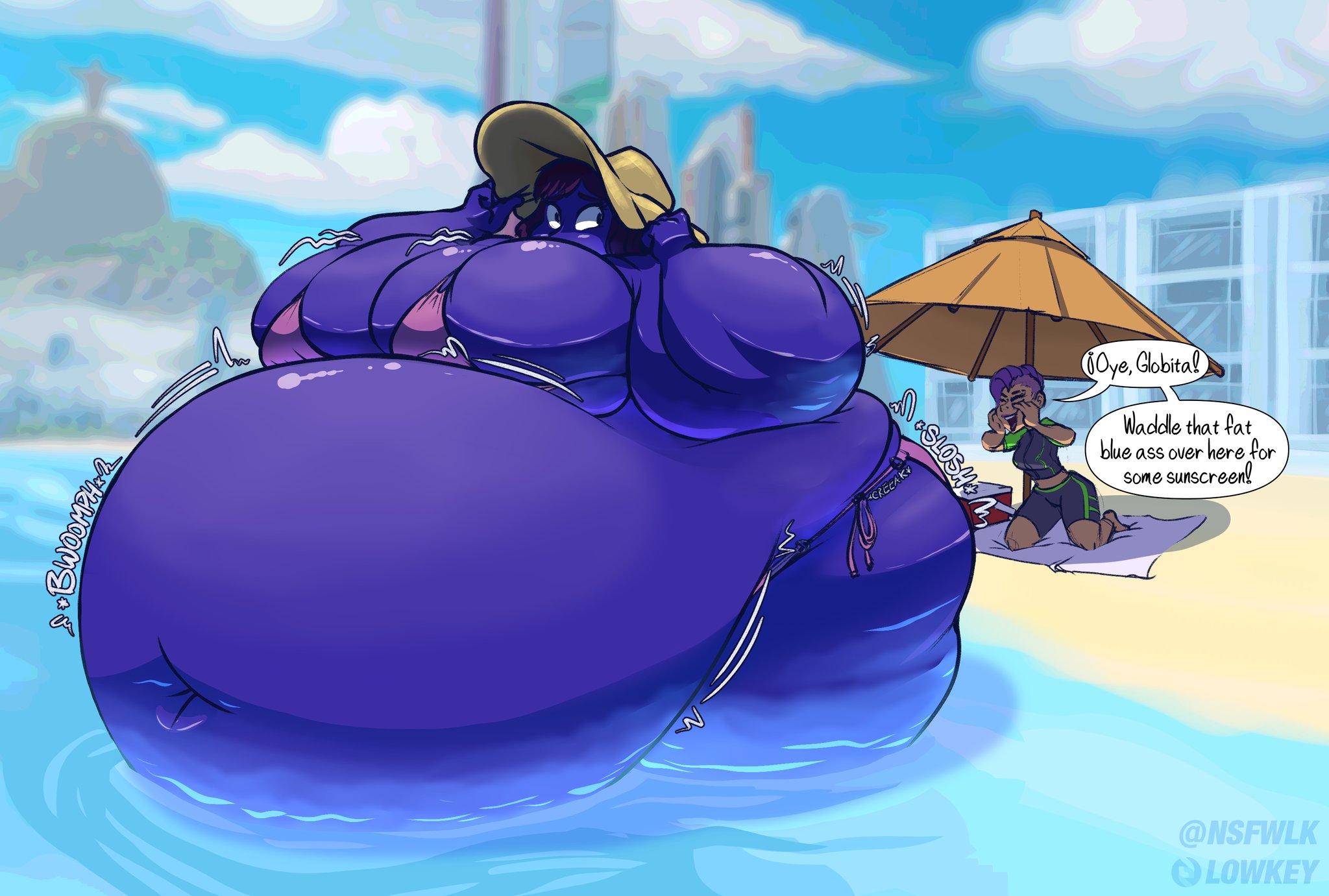 2girls, beach, big breasts, bikini, blue skin, blueberry inflation, breasts, female, huge breasts, inflation, multiple females, multiple girls, nsfwlk, spherical inflation, thick thighs, wide hips