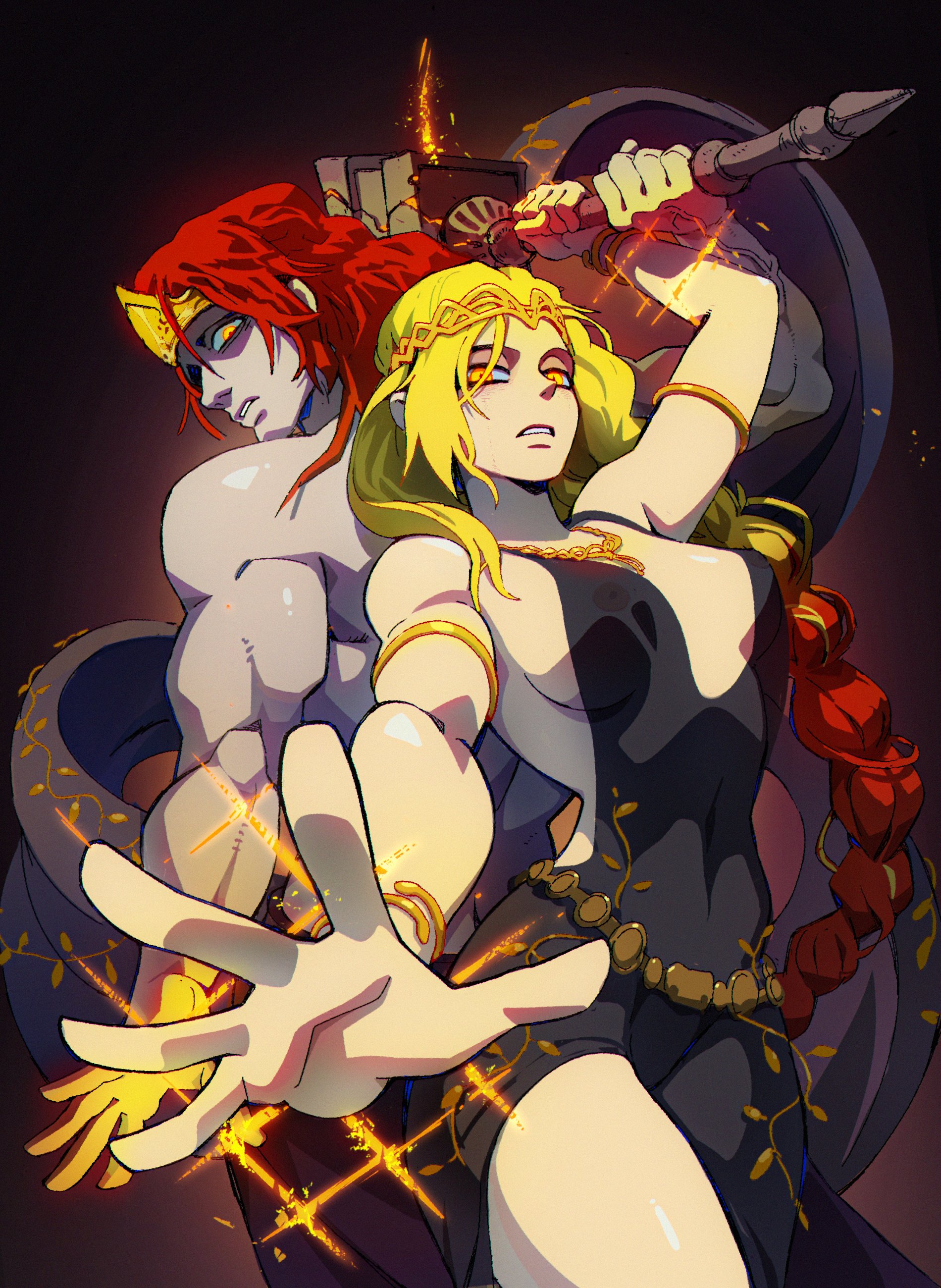 1girls, aisendraw, areolae, big breasts, breasts, cleavage, elden ring, female, fromsoftware, hammer, milf, nipples, queen marika the eternal, radagon of the golden order, see-through, see-through clothing, weapon