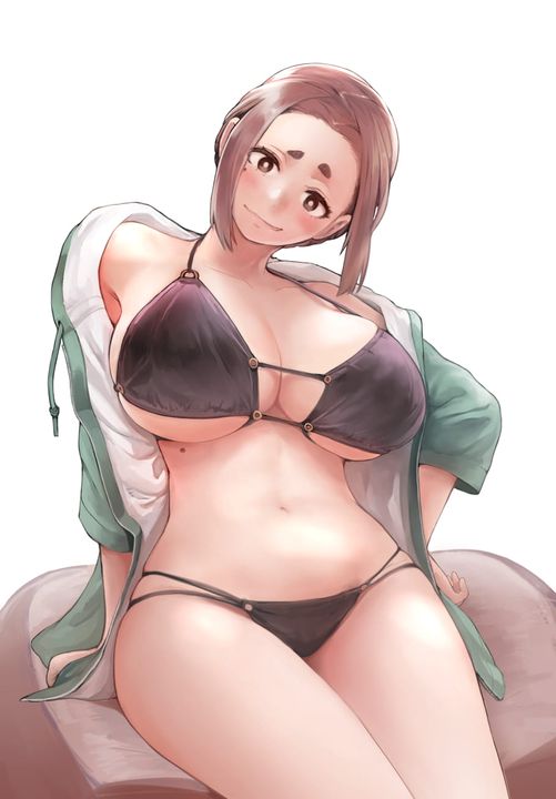 bikini black_bikini breasts brown_hair brown_hair_female green_jacket kaii_to_otome_to_kamikakushi large_breasts looking_at_viewer nj_kilroy nujima solo sumireko_ogawa