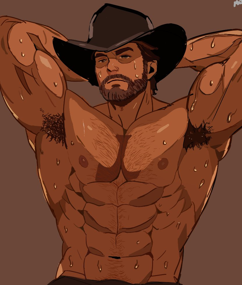 1boy 2024 ai_generated armpit_hair arthur_morgan bara barazoku beard cowboy_hat daddy hairy_chest male male_nipples male_only manly mature_male muscular_male nipples red_dead_redemption_(series) red_dead_redemption_2 rockstar_games sweat sweating traced_art violntlines