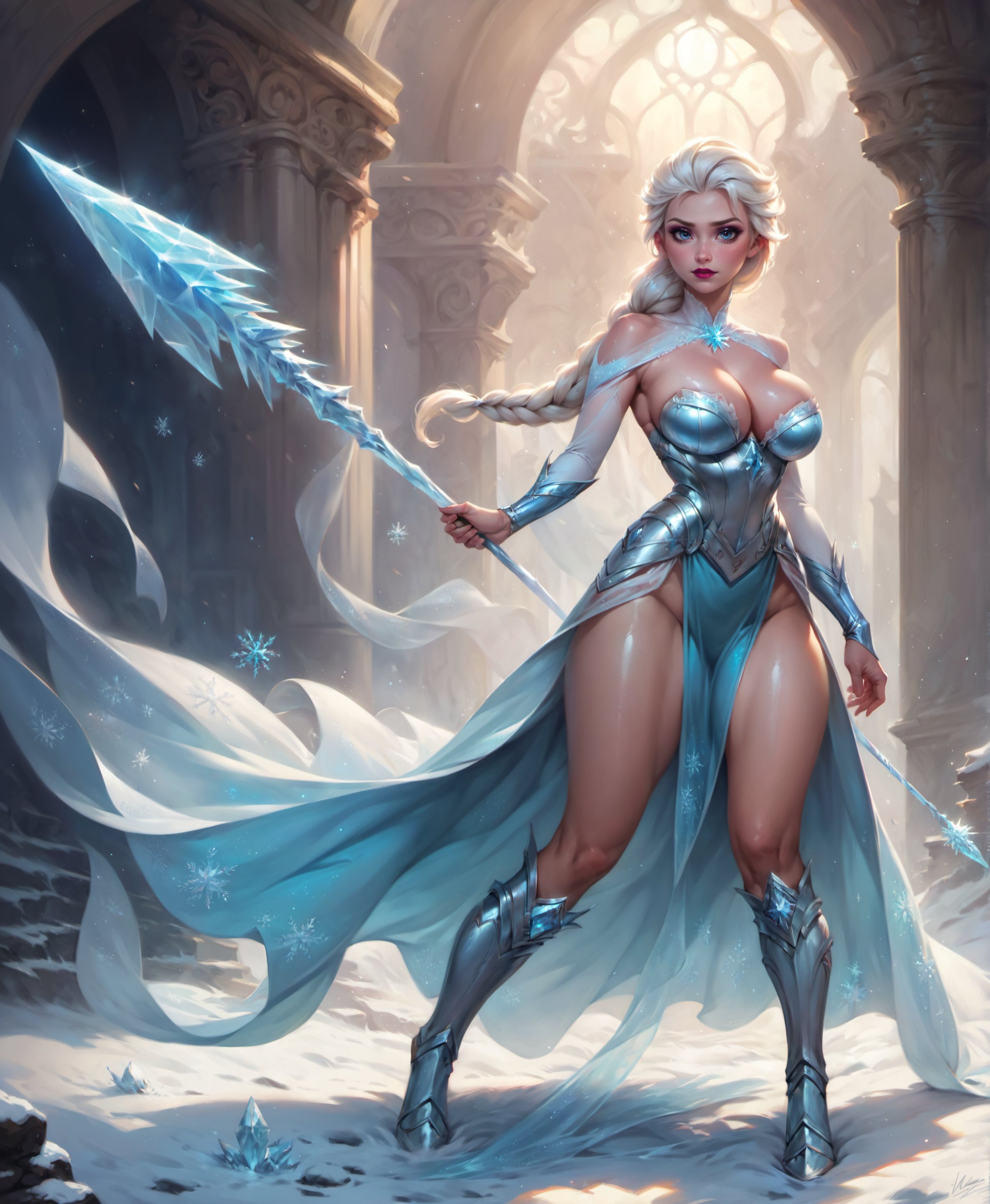 1girls, ai generated, blue eyes, boob window, breasts, cleavage, clothing, disney, dress, elsa (frozen), female, frozen (film), frozen 2, full body, league69, long hair, medium breasts, no panties, solo, thighs, weapon, white hair