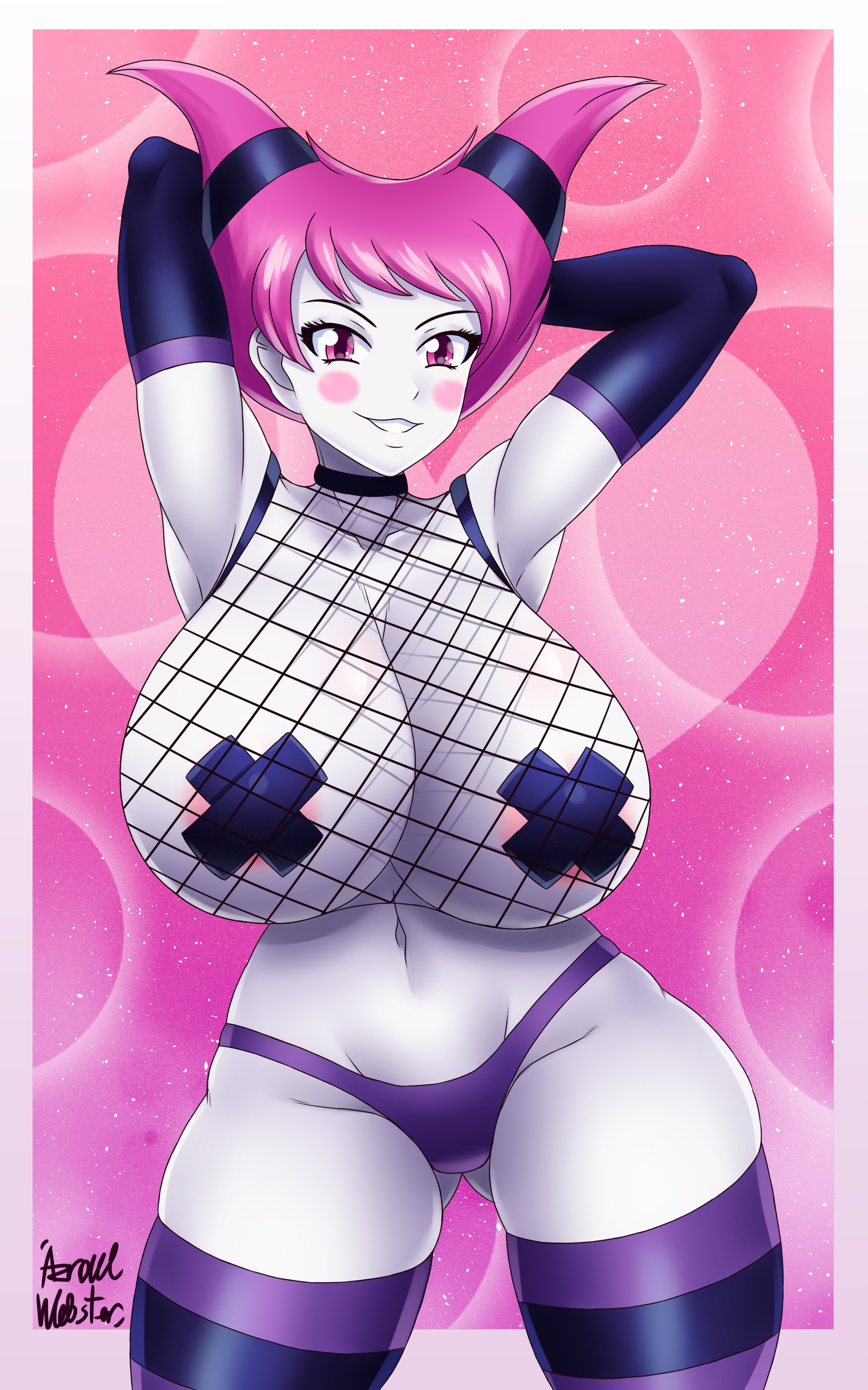 1girls, areola, areola slip, areolae, armpits, arms behind head, azraelwebster, bare shoulders, big breasts, blush, breasts, cartoon network, choker, cleavage, dc, dc comics, female, female only, fishnet, fishnets, hand behind head, huge breasts, jinx (dc), large breasts, looking at viewer, navel, nipple bulge, panties, pasties, pink eyes, pink hair, smile, solo, solo female, taped nipples, teen titans, thick thighs, thighhighs, voluptuous, wide hips