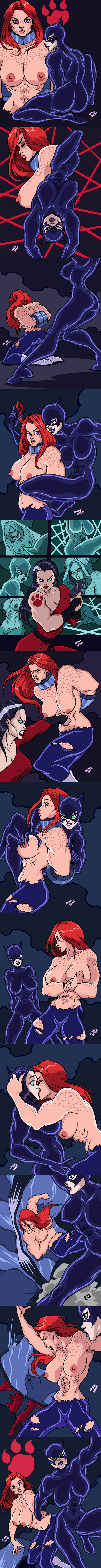 3girls anya_uribe arms assesina batman:_the_animated_series batman_(series) big_breasts black_hair breasts catsmeow catwoman dc_comics dcau female female_only green_eyes gun hands kissing legs lesbian lesbian_kiss lesbians lips lipstick long_hair multiple_girls nipples red_claw red_hair ripped_clothes ripped_clothing straight_hair topless torn_clothes torn_clothing