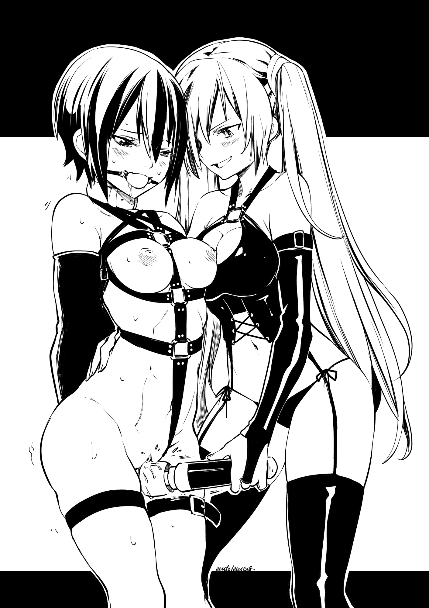 2girls, abs, armbinder, ball gag, black and white, black legwear, blush, bondage, bondage outfit, collar, dominatrix, eudetenis, female, female only, femdom, fire emblem, fire emblem awakening, gag, gagged, harness, kjelle (fire emblem), monochrome, monoglove, multiple females, multiple girls, nipples, pussy, severa (fire emblem), short hair, slave, smile, thighhighs, twintails, vibrator, yuri