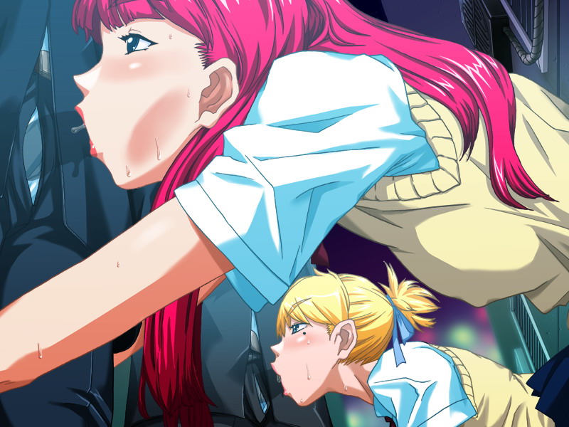 a-10_(artist) blonde_hair blue_eyes blush censored fellatio female game_cg human invisible_penis lipstick magenta_hair makeup male mole multiple_girls oral penis perfect_hole pink_hair red_hair sakuragi_megu saliva shiomi_madoka straight sweat