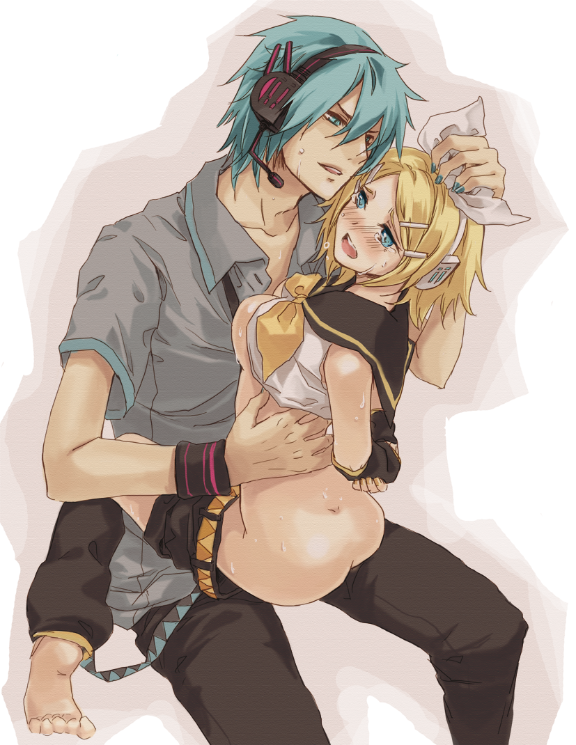 1boy 1girls aqua_eyes aqua_hair arms_behind_back barefoot blonde_hair blue_hair blue_nails blush bondage color crying female femboy femboy_on_female genderswap_(ftm) hair_ornament hair_ribbon hairclip headphones headset kagamine_rin male_with_painted_nails mikuo_hatsune nail_polish necktie open_mouth painted_nails rape ribbon rule_63 senbei_(pixiv631257) senbei_(roof-lock) sex shirt_lift short_hair shorts smile straight sweat tears vocaloid