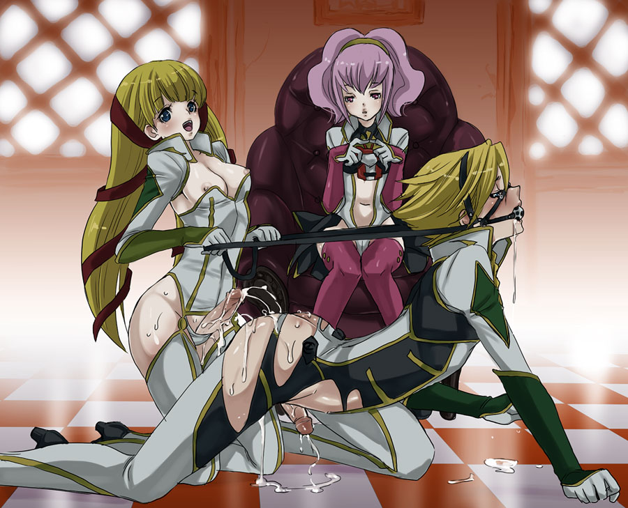 1boy all_fours anal anal_sex anya_alstreim ass ball_gag blush bondage breasts cleavage code_geass cum cum_on_ass cum_on_body cum_on_lower_body doggy_style female femboy from_behind futa_is_bigger futa_on_femboy futa_on_male futadom futanari gag gagged gino_weinberg harness intersex male malesub midriff monica_kruszewski nipple_slip nipples penis penis_size_difference reins saliva sex shiraishi_asuka sitting slave throne torn_clothes uncensored