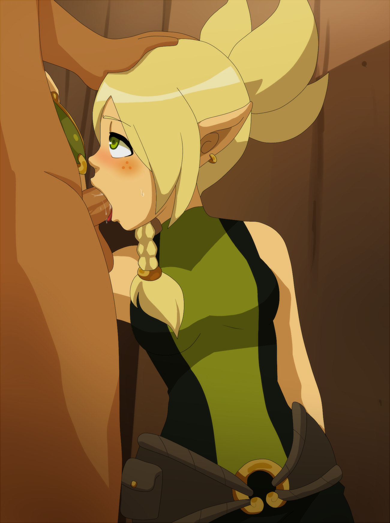 ankama, blonde hair, blush, cleophee, clothed female nude male, clothes, cra, dark skin, dark-skinned male, deareditor, deepthroat, elf, fellatio, female, freckles, green eyes, hand on head, male, nude, oral, straight, sweat, wakfu