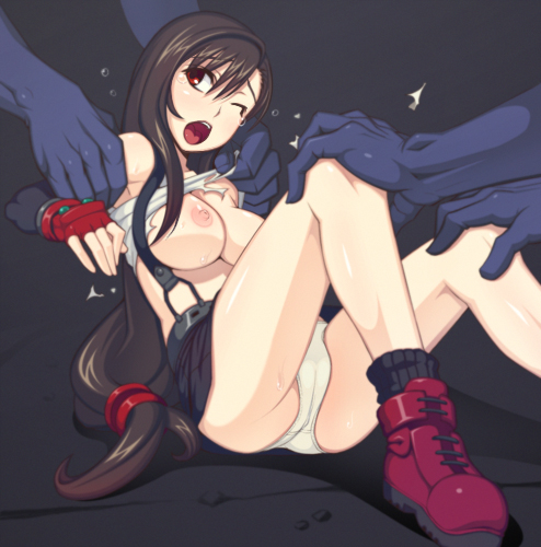 ankle_socks anklehighs black_socks blush breasts cameltoe caryo female final_fantasy final_fantasy_vii footwear human imminent_rape long_hair lowres nanashino nipples panties skirt socks straight_hair suspenders tearing_clothes tears tifa_lockhart torn_clothes underwear very_long_hair wince