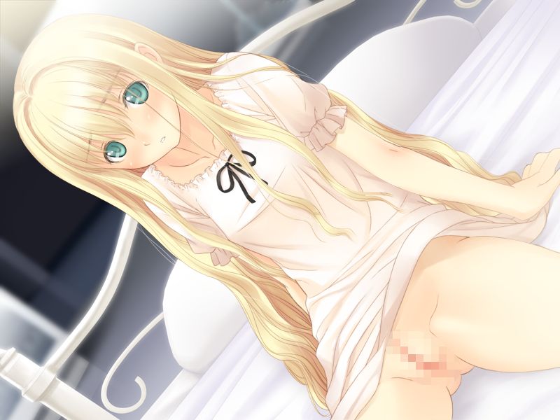 1girls blonde_hair blush bottomless censored clitoris dutch_angle female female_only flat_chest france_shoujo game_cg green_eyes invitation long_hair no_panties ribbon shoujo_(france_shoujo) sitting solo taka_tony upset