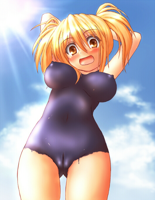 arms_up blonde_hair bodypaint breasts false_clothes female large_breasts mirazeru nipples nude original outdoors painted_clothes pussy short_hair solo straight_hair tied_hair twintails yellow_eyes zenra