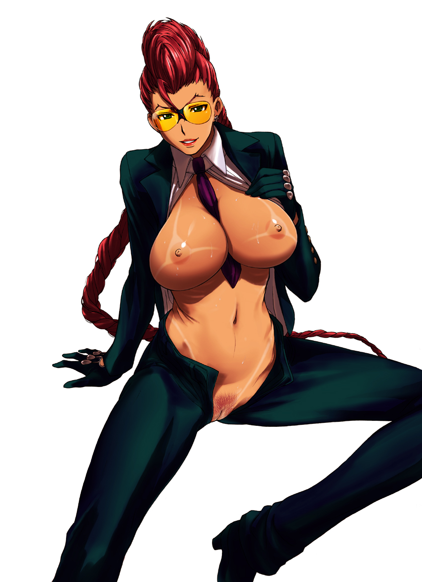 between_breasts braid breasts crimson_viper female female_only huge_breasts human masaharu_arisawa milf necktie necktie_between_breasts no_panties orange-tinted_eyewear pompadour pubic_hair red_hair smile solo straight_hair street_fighter street_fighter_iv sunglasses tan tanline tinted_eyewear uncensored yellow-tinted_eyewear