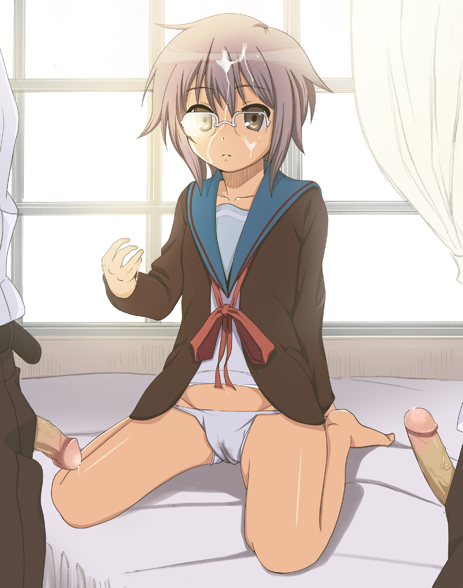 barefoot bed blue_panties bukkake cameltoe cardigan cum cum_on_face cum_on_hair expressionless facial glasses highres multiple_penises nagato_yuki no_pants panties penis purple_hair ribbon seiza short_hair sitting suzumiya_haruhi_no_yuuutsu uncensored underwear ushisuke wariza