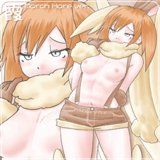 1girls artist_request breasts clothing cosplay female human human_only kasumi_(pokemon) lopunny_(cosplay) mimilop_(cosplay) nipples orange_hair pokemon pokemon_(cosplay) shorts small_breasts solo solo_female tagme