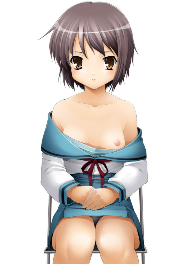 bare_shoulders blush breast_slip breasts chair collarbone female female_only grey_hair hands_together human kirin_kakeru nagato_yuki nipple_slip nipples no_bra one_breast_out panties pink_nipples school_uniform seifuku serafuku sitting solo striped striped_panties suzumiya_haruhi_no_yuuutsu topless underwear yellow_eyes