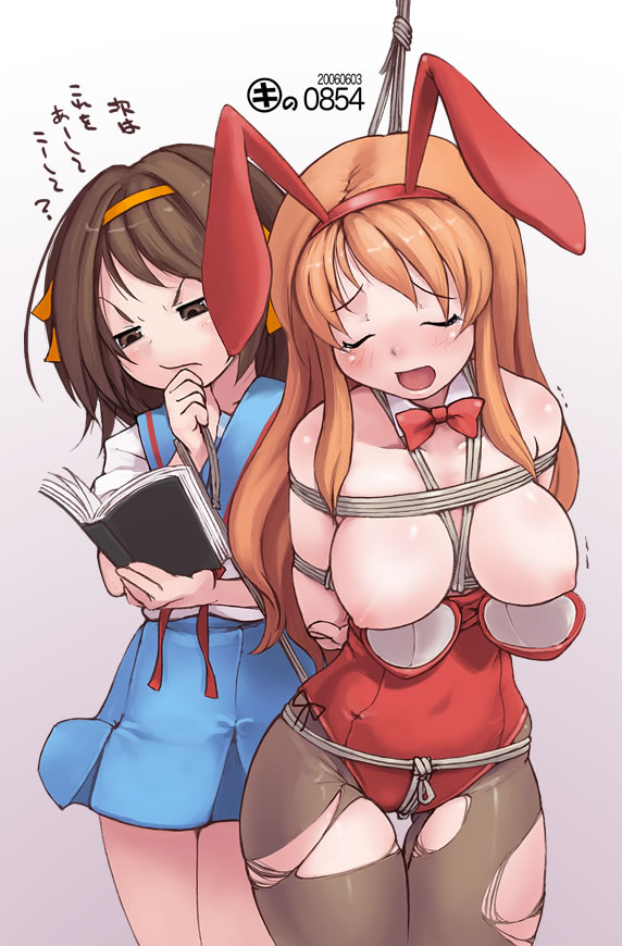 animal_ear asahina_mikuru bondage book box_tie bra_slip breast_bondage breasts brown_hair bunny_ear bunnysuit crotch_rope kei_jiei nipples pantyhose red_hair rope school_uniform seifuku serafuku short_hair suzumiya_haruhi suzumiya_haruhi_no_yuuutsu torn_clothes torn_pantyhose